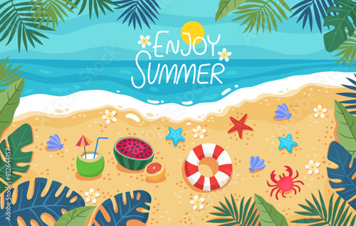 Enjoy summer. Summer poster, banner. Horizontal design. Sea coast, sandy beach. Holidays by the sea, relaxation, vacation. Lifebuoy, starfish, coconut, watermelon, seasells, crab, tropical leaves.