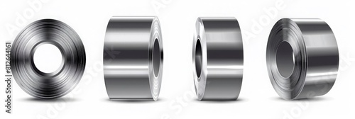 Steel sheet roll, stainless construction tape coil isolated on white background. Metallurgy industry production. Vector realistic set of metal, aluminum or tin sheet roll in front, top and angle view