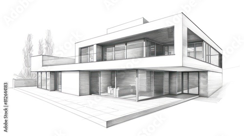 This architectural sketch depicts a modern home with meticulous attention to detail  featuring a balcony  large windows  and landscaping