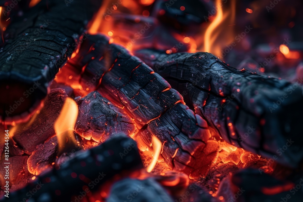Fototapeta premium Close-up of burning charcoal with intense embers and flames
