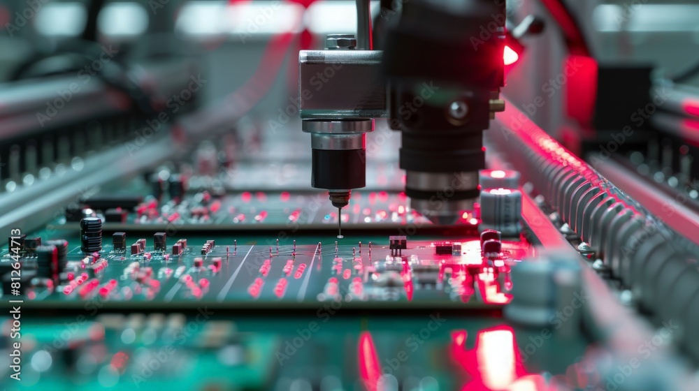 Automatic Pick and Place machine quickly installs Components on Generic Circuit Board. Electronics and Circuit board Manufacturing. Bright Environment Automatic Pick and Place machine quickly installs Components on Generic Circuit Board. Electronics and Circuit board Manufacturing. Bright Environment