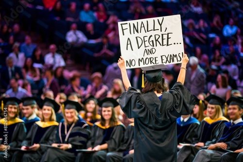 A woman in graduation gown holding up a sign that says definitely and no more exams', AI photo