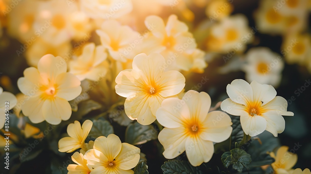 A close-up of delicate yellow primrose flowers in bloom, heralding the arrival of spring.