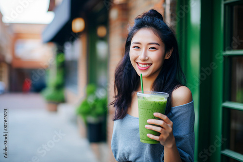 Blurred Young beautiful asian woman drinking green smoothie in the city.