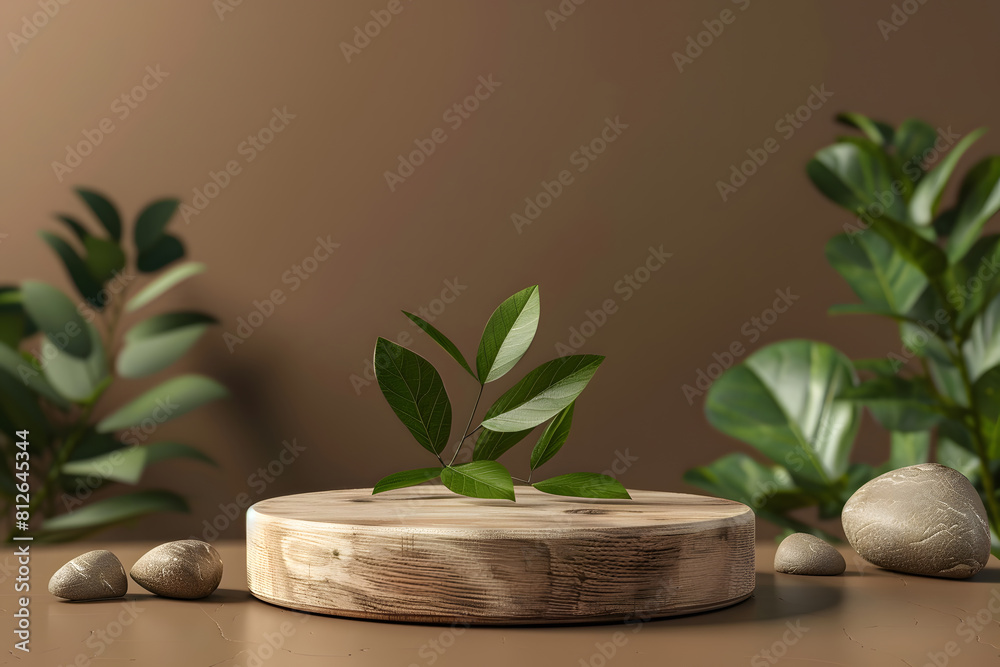 Wooden product display podium with nature leaves on brown background. 3D rendering. Generative Ai. Wooden product display podium with nature leaves on brown background. 3D rendering. Generative Ai.