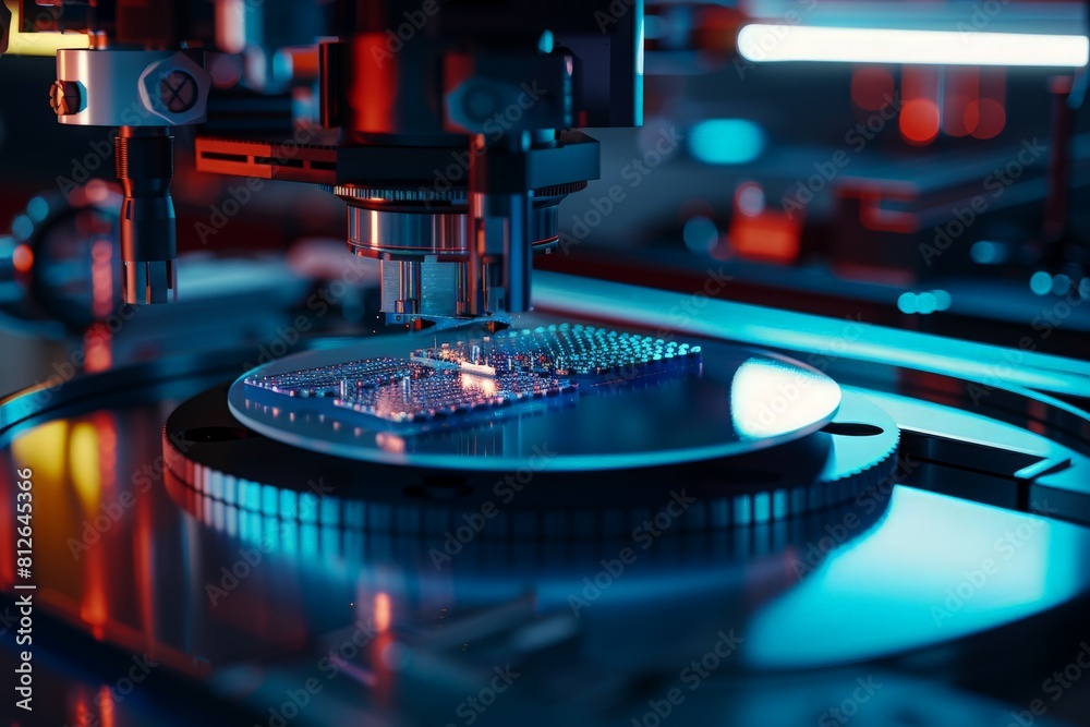 Semiconductor Wafer after Dicing Process. Silicon Dies are Being Extracted by Pick and Place Machine. Computer Chip Manufacturing, Packaging Process Semiconductor Wafer after Dicing Process. Silicon Dies are Being Extracted by Pick and Place Machine. Computer Chip Manufacturing, Packaging Process