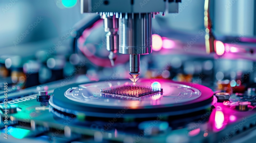 Silicon Dies are being Extracted by a Pick and Place Machine from Wafer and Attached to Substrate. Computer Chip Manufacturing at Factory. Close-up of Semiconductor Packaging Process