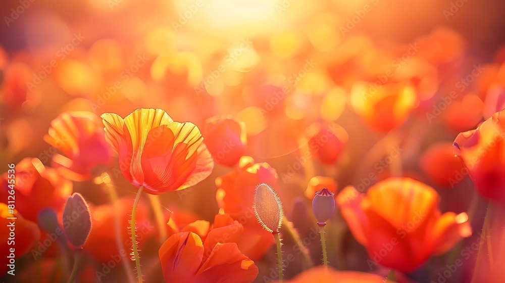 A close-up of vibrant orange poppies blooming in a field, their petals illuminated by the warm glow of the setting sun.
