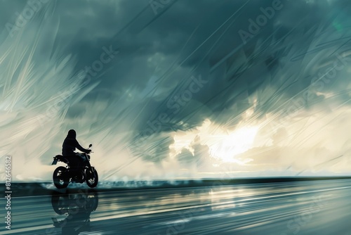 A person riding a motorcycle on a wet road. Suitable for transportation concepts