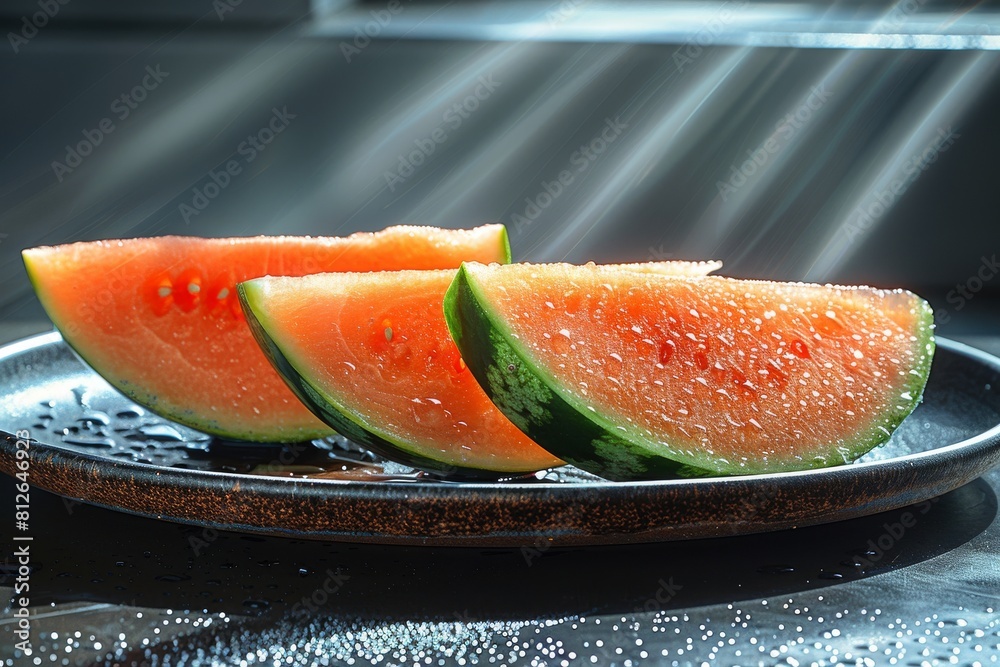 Vibrant watermelon wedges on a dark plate, highlighted by water droplets, under a subtle rain effect Vibrant watermelon wedges on a dark plate, highlighted by water droplets, under a subtle rain effect