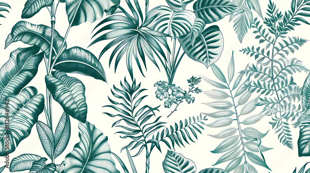 Vintage Jungle Dreams: Detailed Line Art of Tropical Flora and Fauna in Teal Green on Cream Background  - Seamless tile. Endless and repeat print.