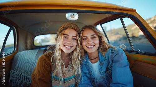Two woman sitting at the backseat of a car.