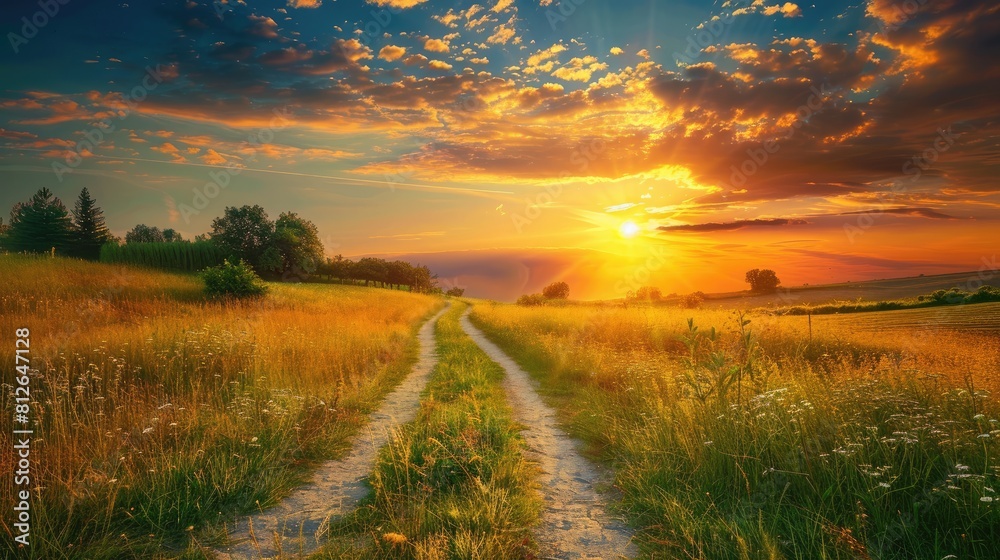 Beautiful summer landscape Sunset over a meadow with a dirt road