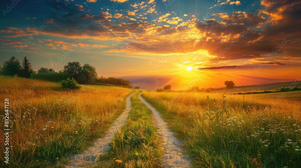 Fototapeta premium Beautiful summer landscape Sunset over a meadow with a dirt road