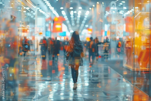 A solitary figure of a woman is captured walking through a mall with a bustling blur of lights