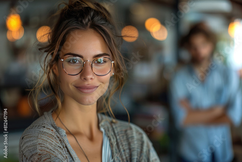 Portrait of an attractive young woman wearing glasses and a casual outfit standing in a coffee shop. Created with Ai