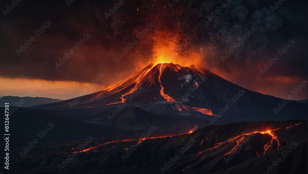 Epic Dark Fantasy, Volcanic Eruption Illuminates Mountain Landscape with Fiery Glow