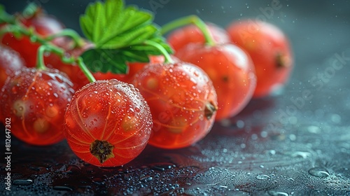   A group of tomatoes sits on a black table, covered in raindrops and surrounded by a lush green leaf