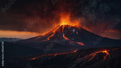 Epic Dark Fantasy, Volcanic Eruption Illuminates Mountain Landscape with Fiery Glow