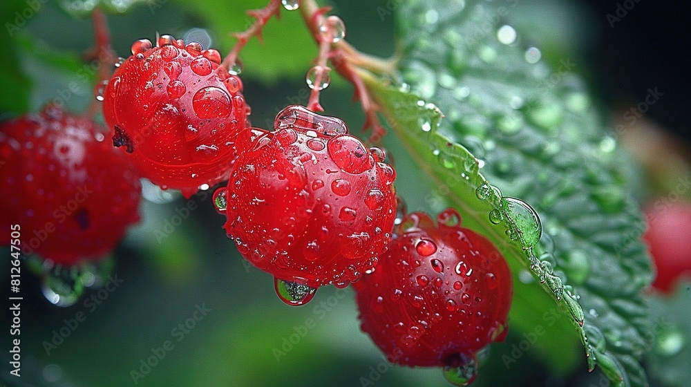 A close-up of a group of red berries on a branch with water drops and green leaves in the background A close-up of a group of red berries on a branch with water drops and green leaves in the background