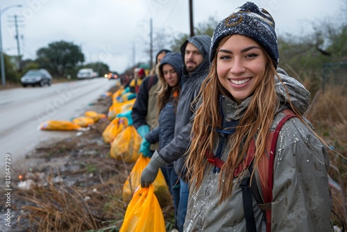 A young smiling woman in outdoor attire participates in a volunteering activity with a group © Larisa AI