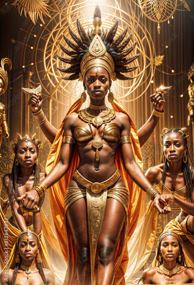 Fototapeta premium a photo of african woman goddess figure with gold costumes standing in front of her throne