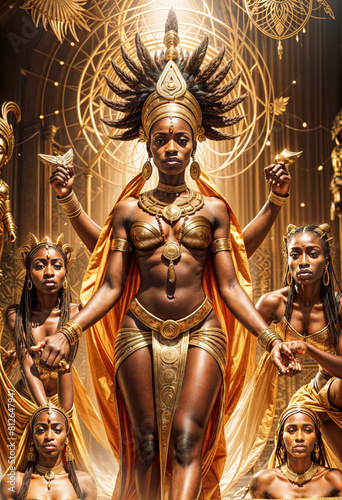 a photo of african woman goddess figure with gold costumes standing in front of her throne