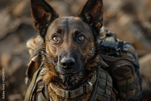 Portrait of a military working dog wearing tactical gear, displaying loyalty and alertness associated with service animals
