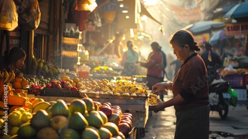 Vietnamese woman selling fruits in the street market.