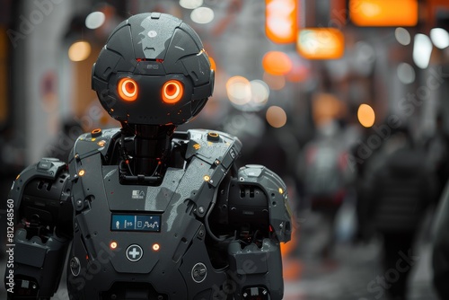 A concept image of a high-tech robot sentinel patrolling an urban street at night, surrounded by city lights and ambiance