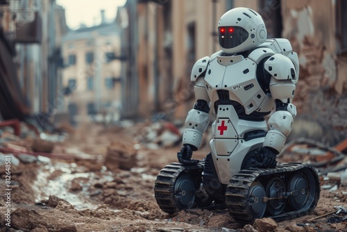 A scene depicting an advanced robot medic traversing a desolate, war-torn street, suggesting a bleak yet technological future © Larisa AI