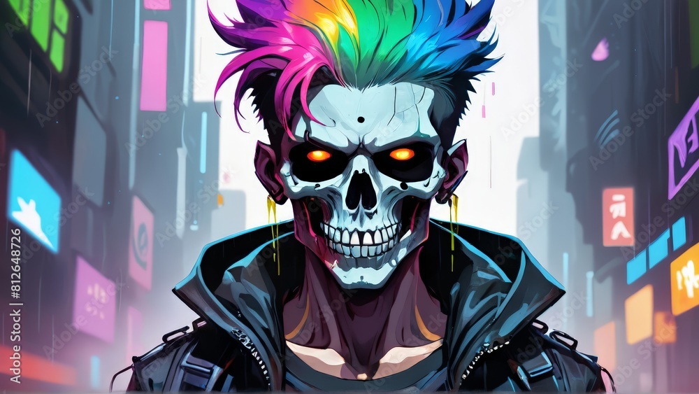 Male video game character with skull face and colorful hair. cyberpunk art Male video game character with skull face and colorful hair. cyberpunk art