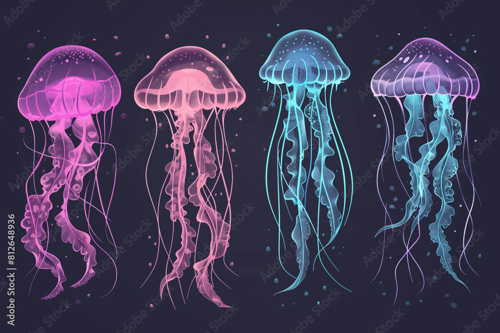 Mesmerizing Underwater World: Vector Jellyfish Collection on Black Background Mesmerizing Underwater World: Vector Jellyfish Collection on Black Background
