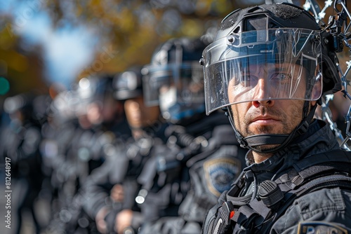 A focused male police officer in riot gear holds a shield during a protest, symbolizing law and order photo
