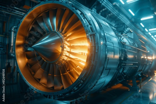 Advanced Futuristic Turbine Engine with a Moving Fan. Modern Industrial Jet Engine in Research and Development Facility. Zoom In Close Up on a Turbofan Engine  photo