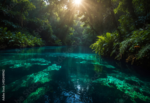 the sun shines through the forest with a clear river