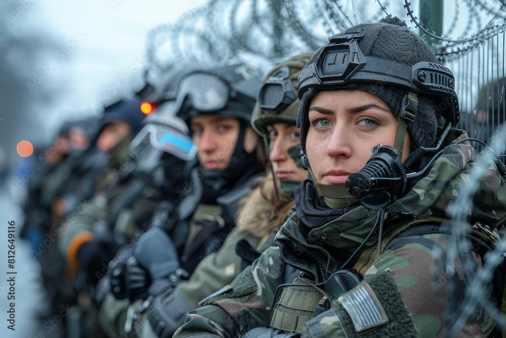 A focused female soldier in camouflage gear is staring ahead, with others blurred in the background, evoking determination and readiness