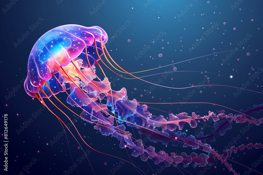 Vibrant Vector Illustration: Majestic Purple Jellyfish in Deep Blue Waters Vibrant Vector Illustration: Majestic Purple Jellyfish in Deep Blue Waters