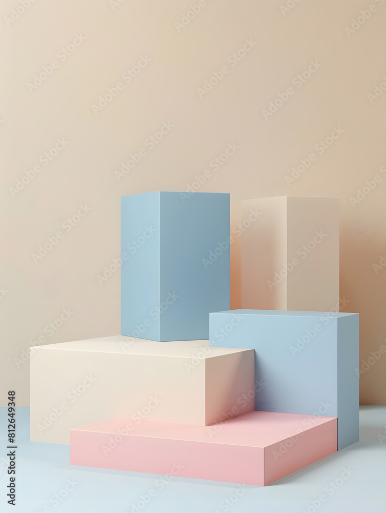 3D background with beige, blue, pink realistic steps cube box stand podium. Generative Ai. 3D background with beige, blue, pink realistic steps cube box stand podium. Generative Ai.