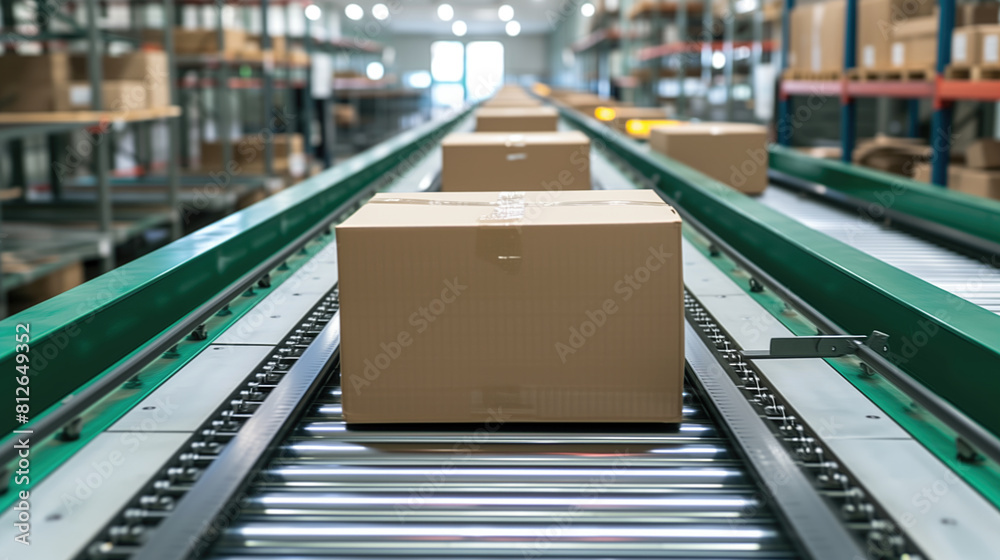 Fototapeta premium Conveyor belt transporting boxes in a large distribution warehouse.