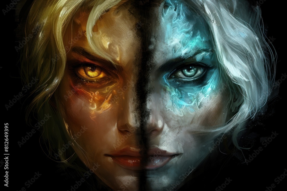 Bipolar or mind mental disorder, dual personality concept. Image with two opposite faces