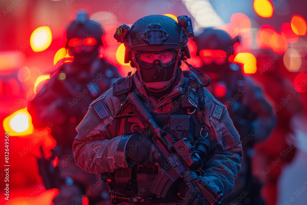Heavily equipped soldier with a rifle and tactical gear, face obscured for anonymity Heavily equipped soldier with a rifle and tactical gear, face obscured for anonymity
