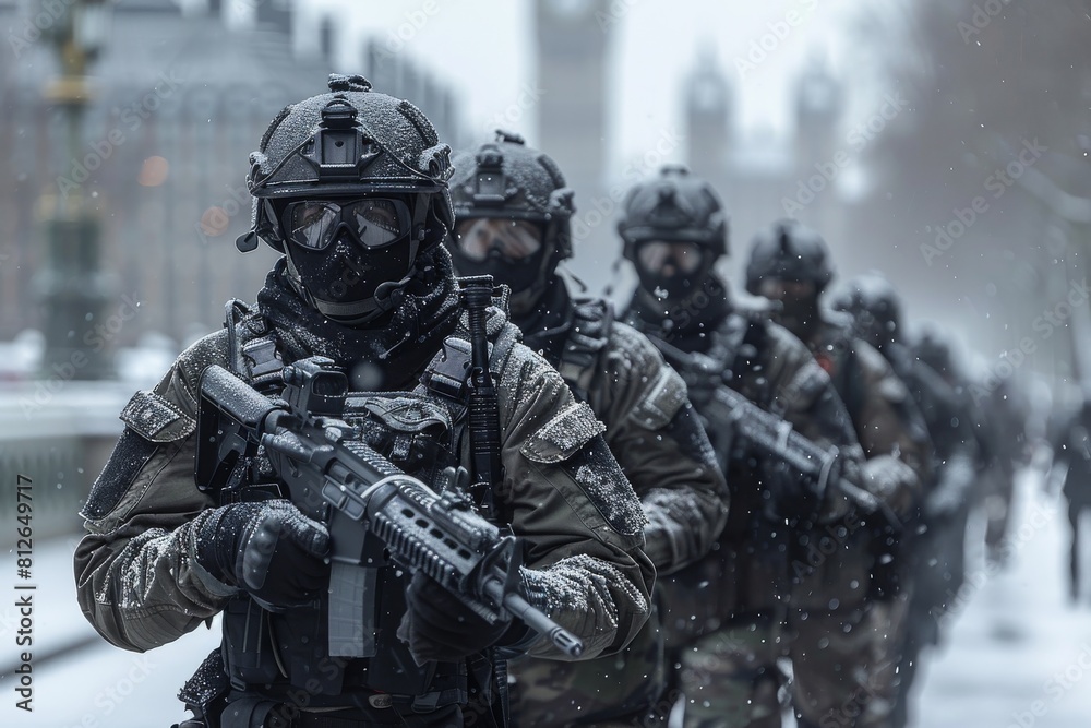 A line of armed forces marches through a snowy cityscape, embodying teamwork and strategic movement A line of armed forces marches through a snowy cityscape, embodying teamwork and strategic movement