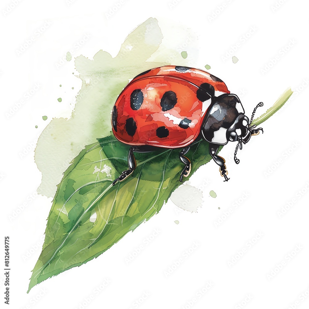 A watercolor painting of a ladybug on a leaf. The ladybug is red with ...