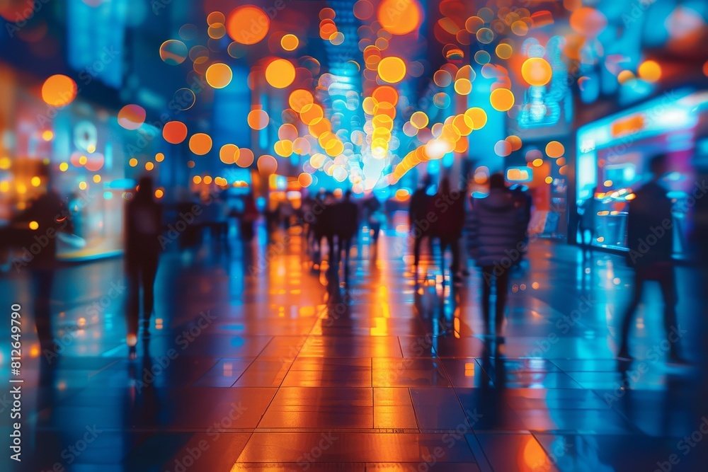 A bustling atmosphere with blurred people moving through a corridor aglow with vivid, multicolored lights