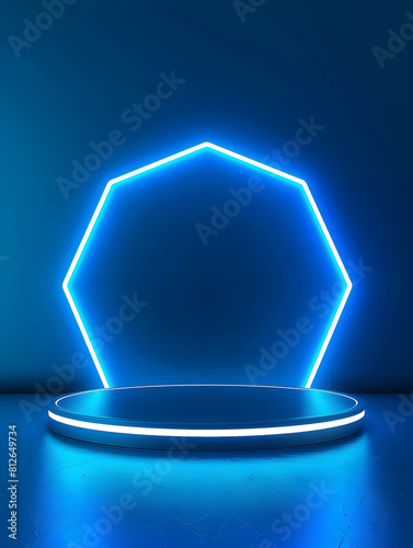 3d Futuristic hexagonal Podium for gadget display in blue background with flourescent long lamp light Hexagon podium. Generative Ai.