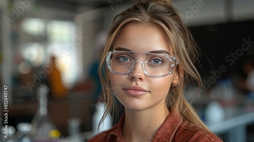 Portrait of a beautiful young female scientist wearing safety glasses in a laboratory