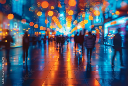 A bustling atmosphere with blurred people moving through a corridor aglow with vivid, multicolored lights