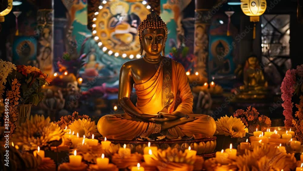Buddha statue in a temple among burning candles, banner Buddha statue in a temple among burning candles, banner