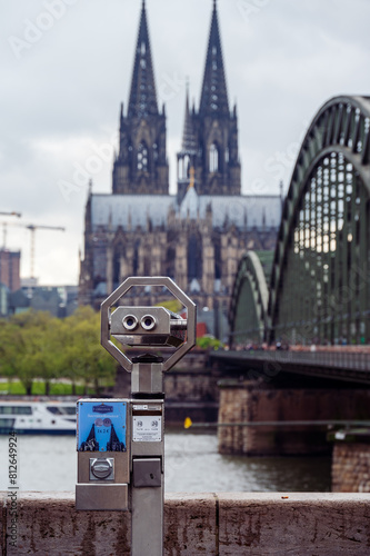 Looking across to Cologne Cathedral with binoculars